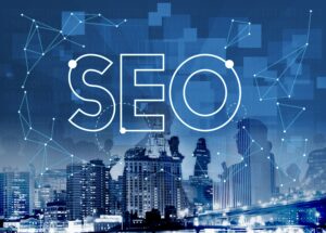 SEO concept over cityscape with digital network graphics representing search engine optimization and digital marketing strategies