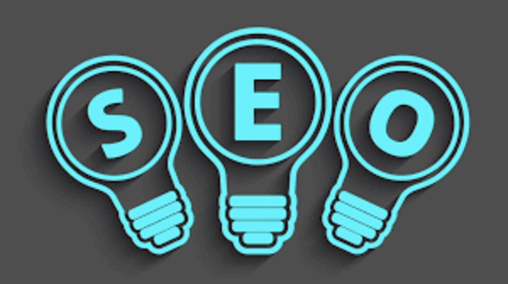 SEO concept with glowing blue lightbulbs shaped like letters S, E, and O on dark background