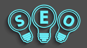 SEO concept with glowing blue lightbulbs shaped like letters S, E, and O on dark background